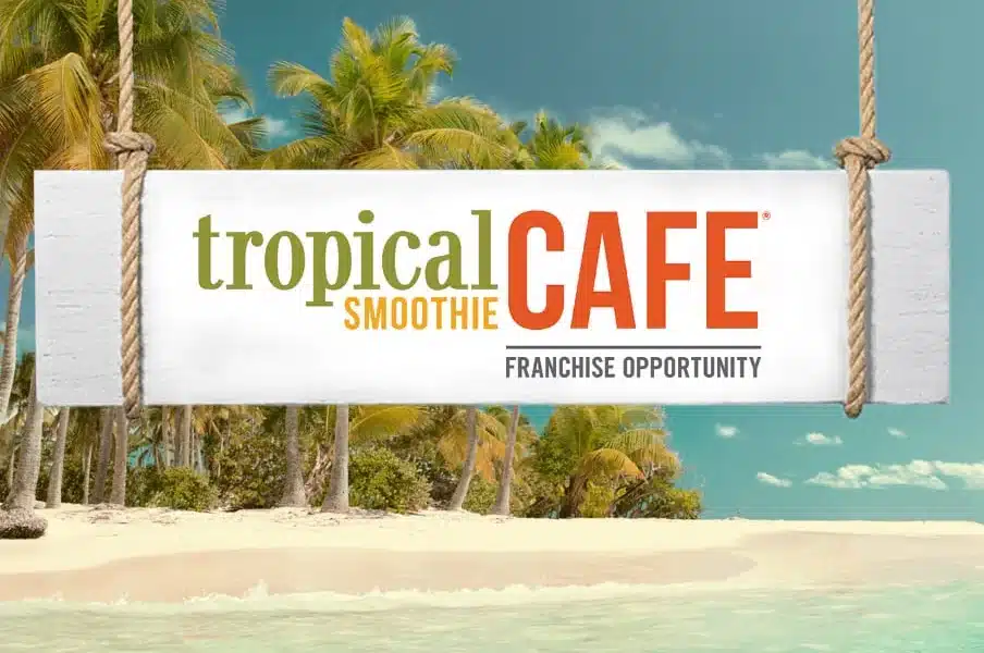 Tropical Smoothie Cafe logo on a tropical beach