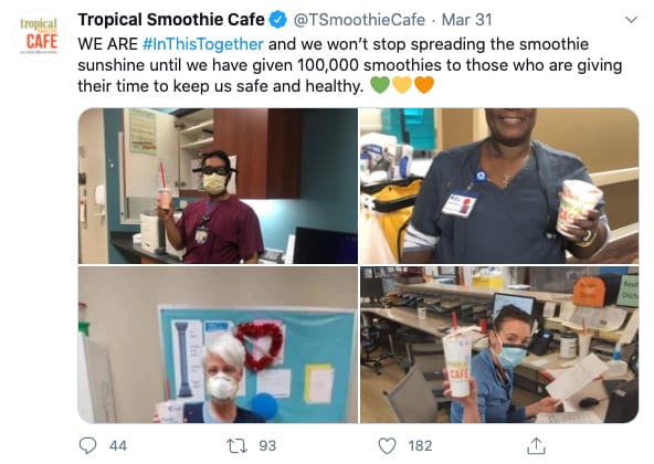 Tropical Smoothie Cafe #InThisTogether twitter post