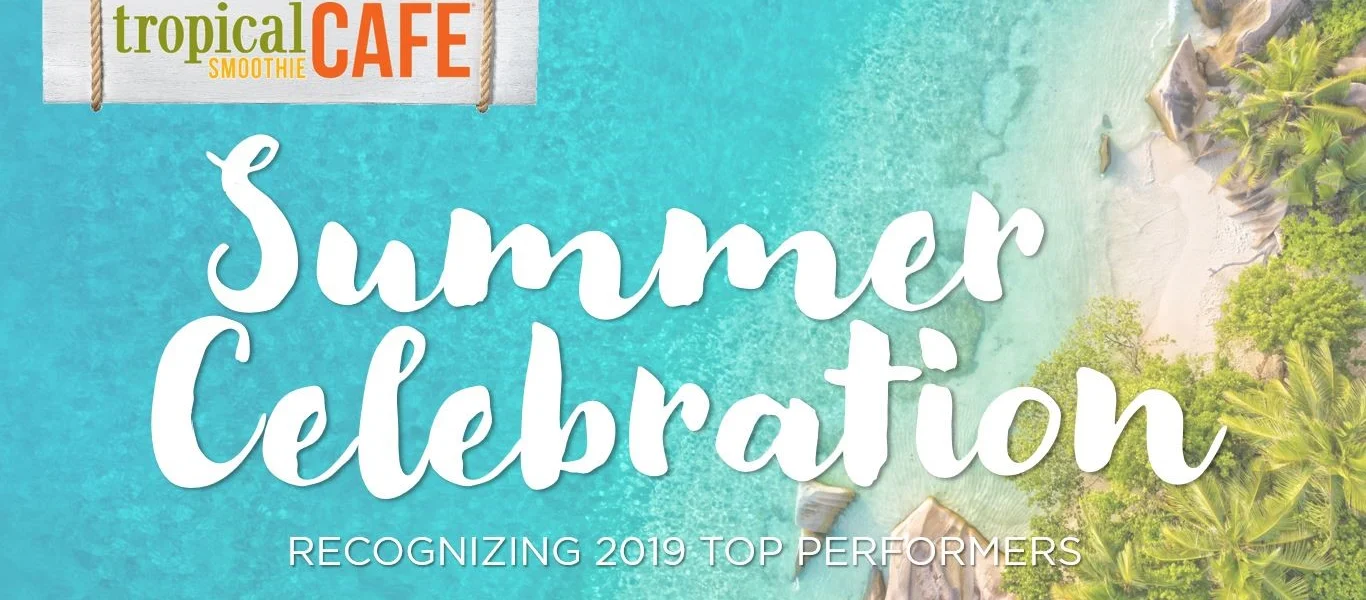 Arial shot of beach with Tropical Smoothie Cafe logo and Summer Celebration - Recognizing 2019 Award Winners