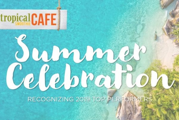 Arial shot of beach with Tropical Smoothie Cafe logo and Summer Celebration - Recognizing 2019 Award Winners