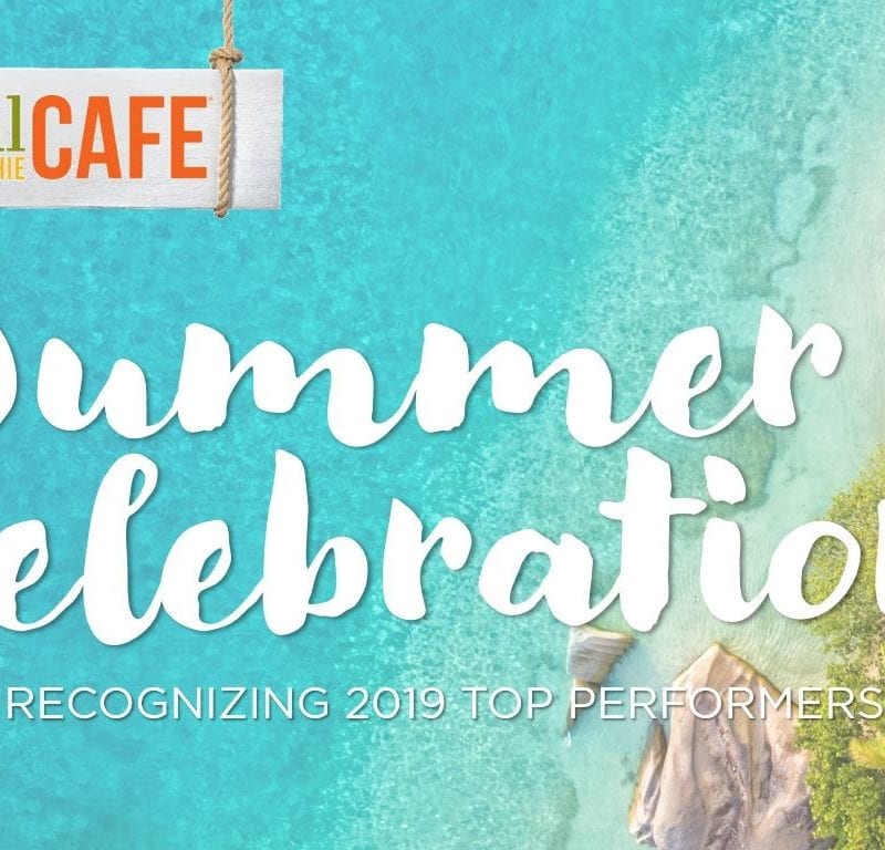 Arial shot of beach with Tropical Smoothie Cafe logo and Summer Celebration - Recognizing 2019 Award Winners