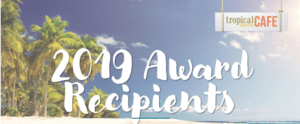 Beach with palm trees with Tropical Smoothie Cafe logo and 2019 Award Recipients 