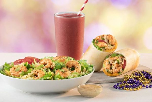 tropical smoothie cafe smoothie, salad, and shrimp wrap