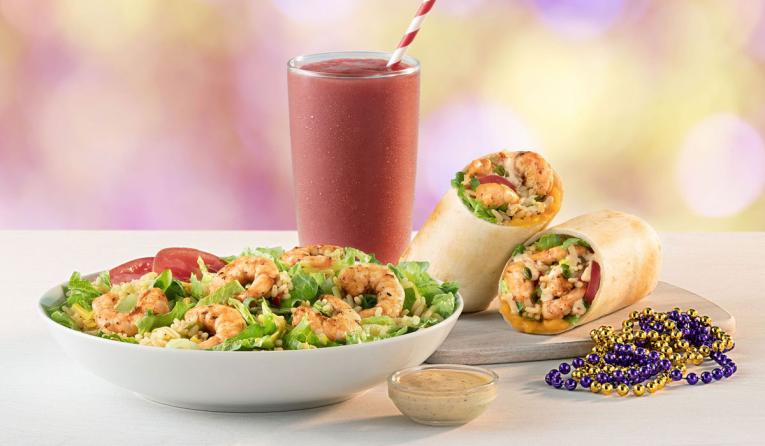 tropical smoothie cafe smoothie, salad, and shrimp wrap