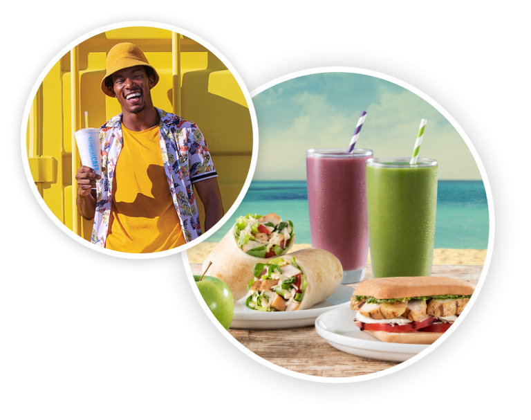 Happy guest with smoothies and food